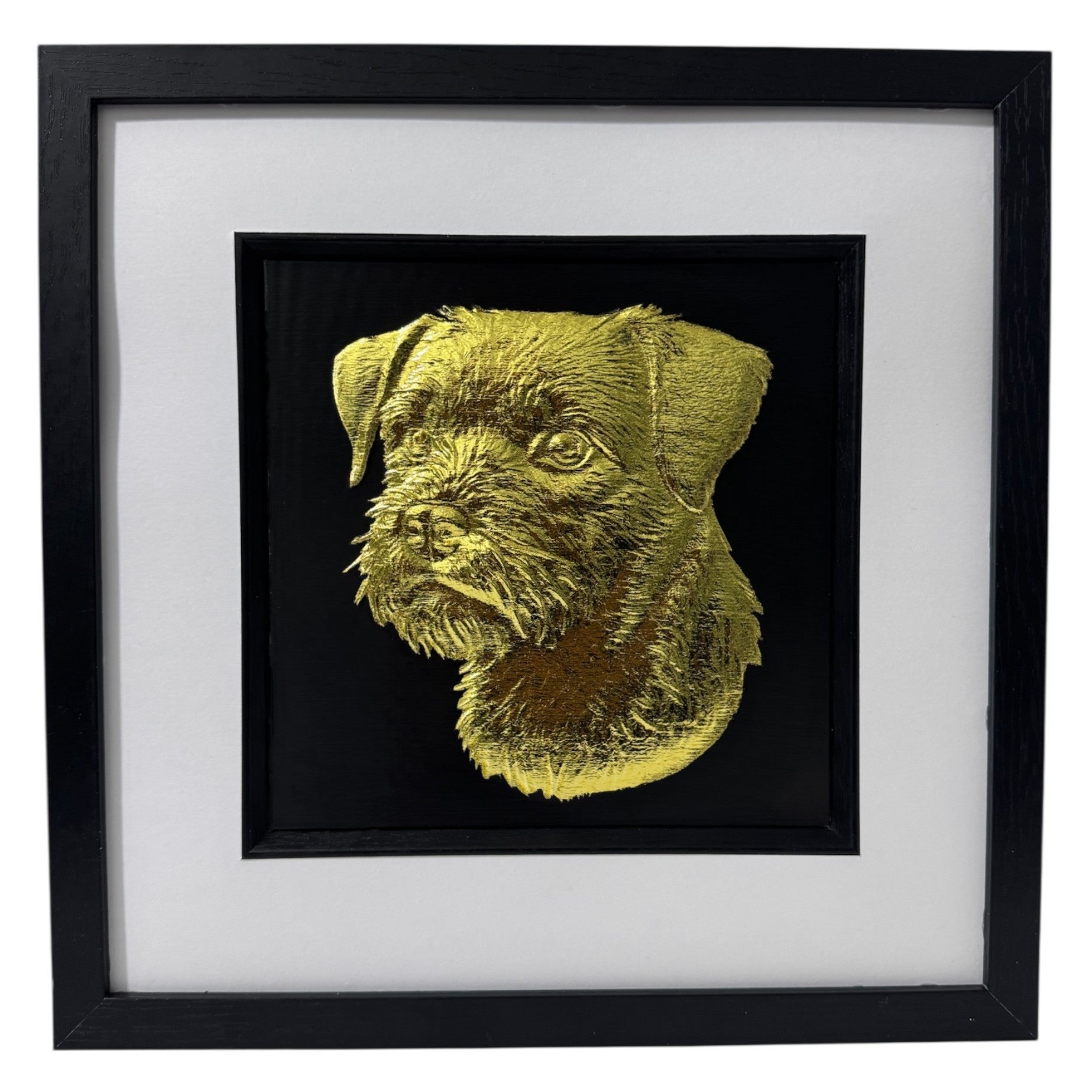 Border Terrier framed wall art finished in gold leaf with black frame and white mount