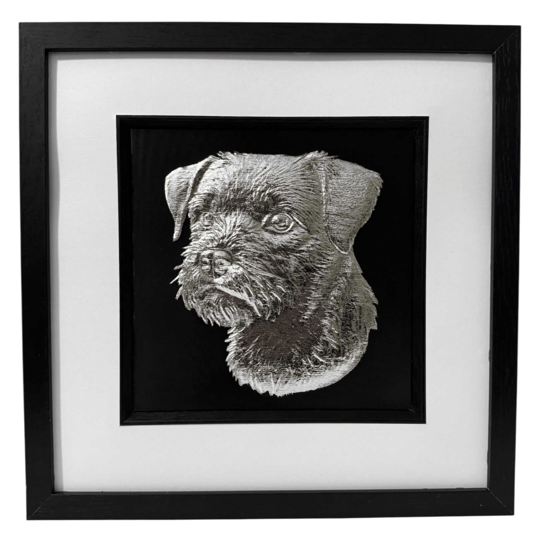 Border Terrier framed wall art finished in silver leaf with black frame and white mount