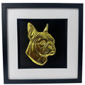 Boston Terrier framed wall art in gold leaf with black frame and white mount