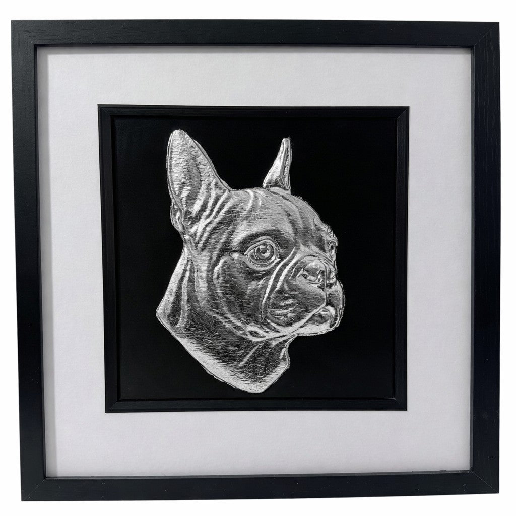 Boston Terrier framed wall art in silver leaf with black background