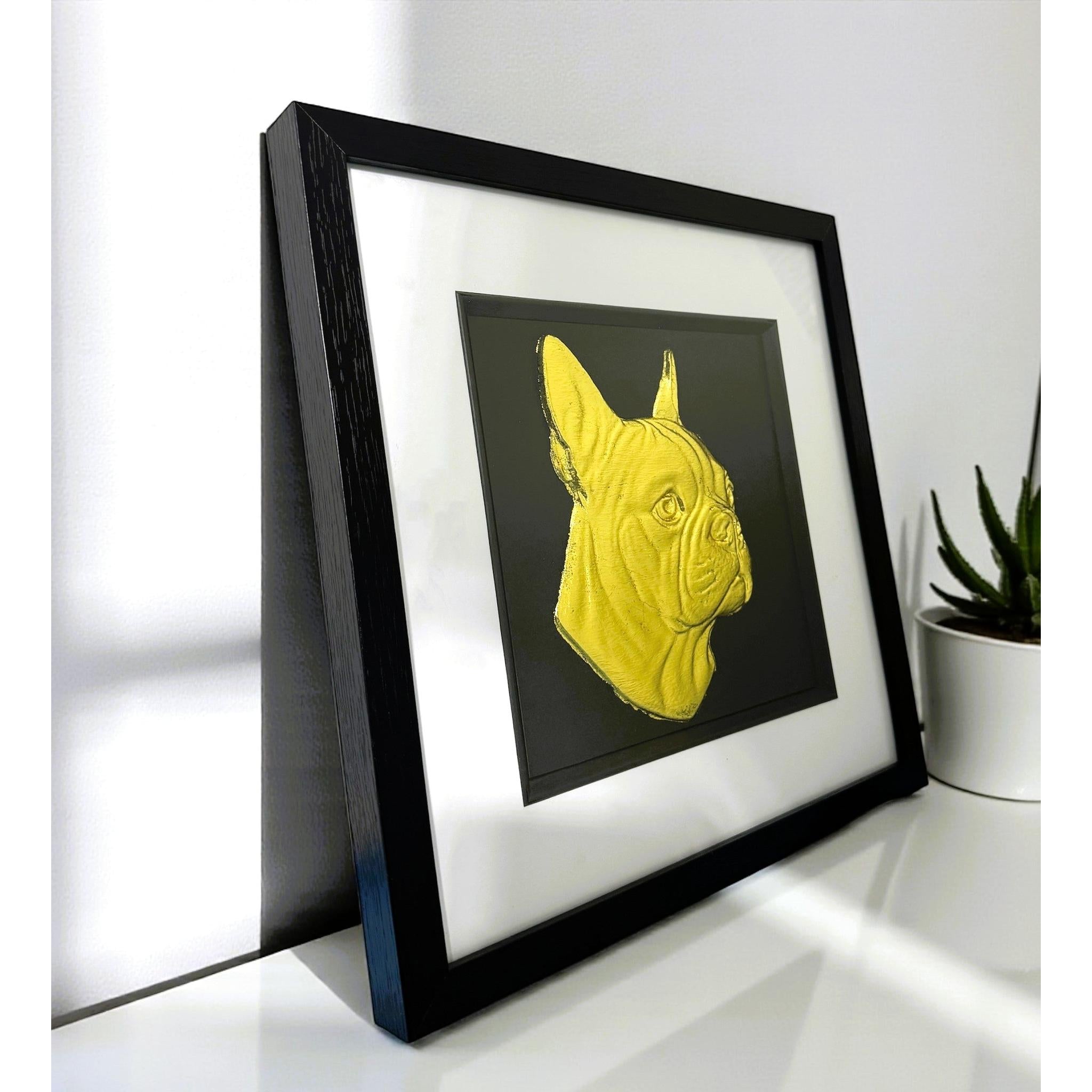 Boston Terrier gold leaf framed wall art displayed on a modern side board