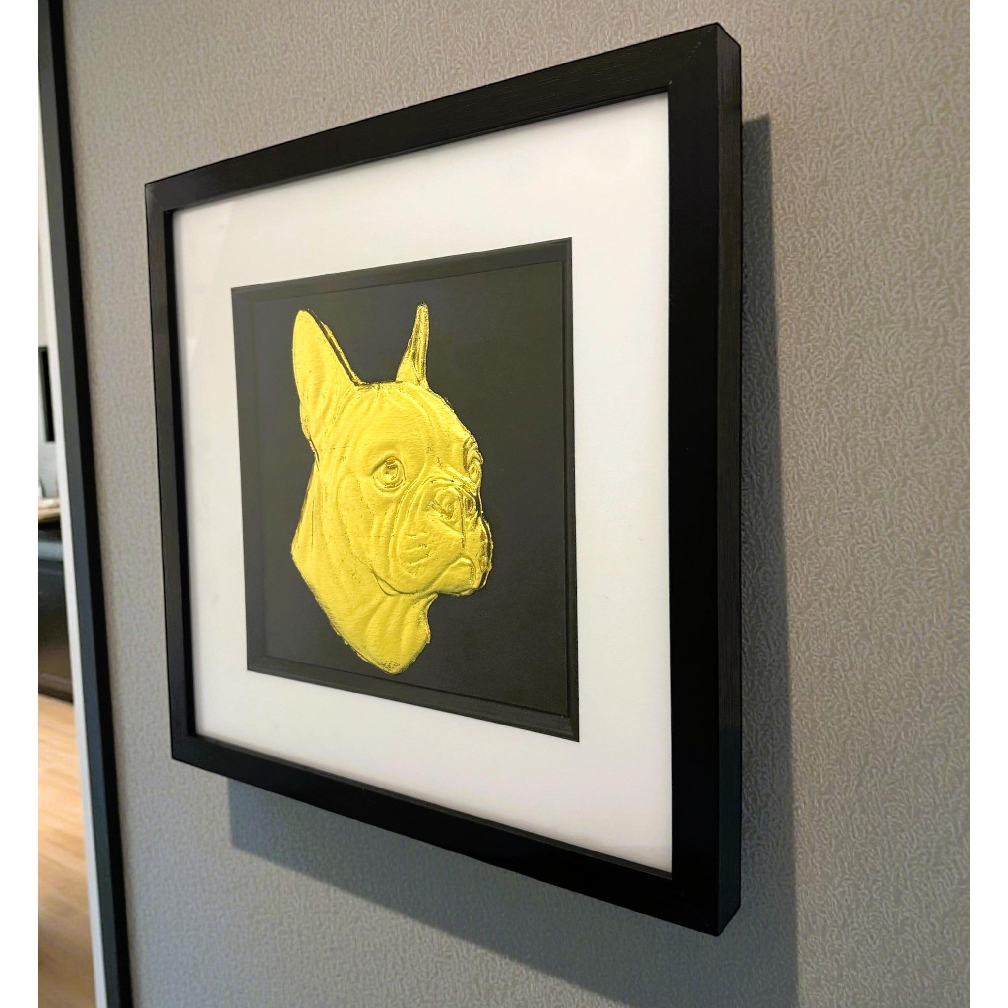 Boston Terrier gold leaf framed wall art displayed on interior wall