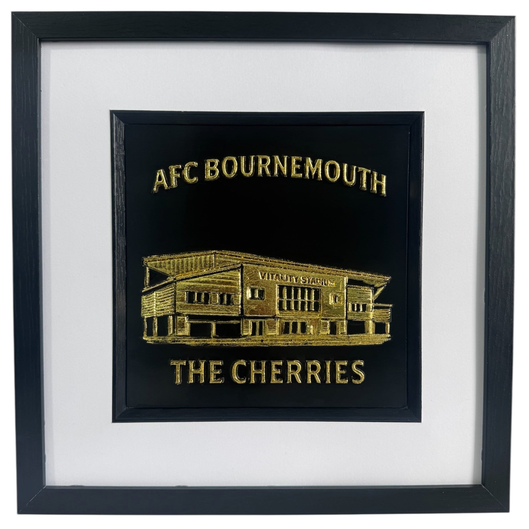 Framed AFC Bournemouth Vitality Stadium 3D relief artwork in Gold Leaf with black box frame, white mount and inner black surround, front view