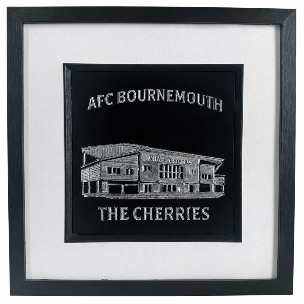 Framed AFC Bournemouth Vitality Stadium 3D relief artwork in Silver Leaf with black box frame, white mount and inner black surround, front view