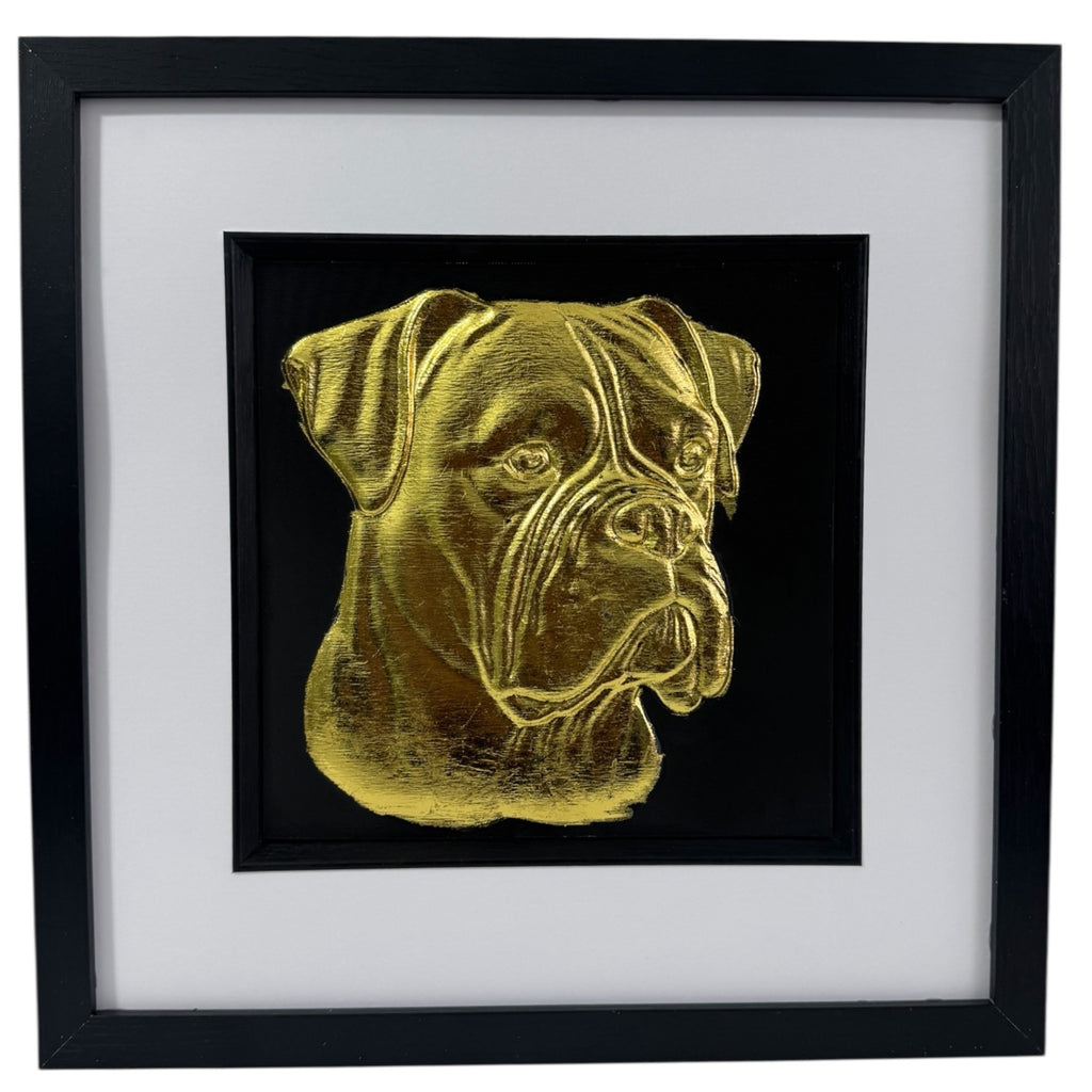 Boxer framed wall art in gold leaf with black frame and white mount