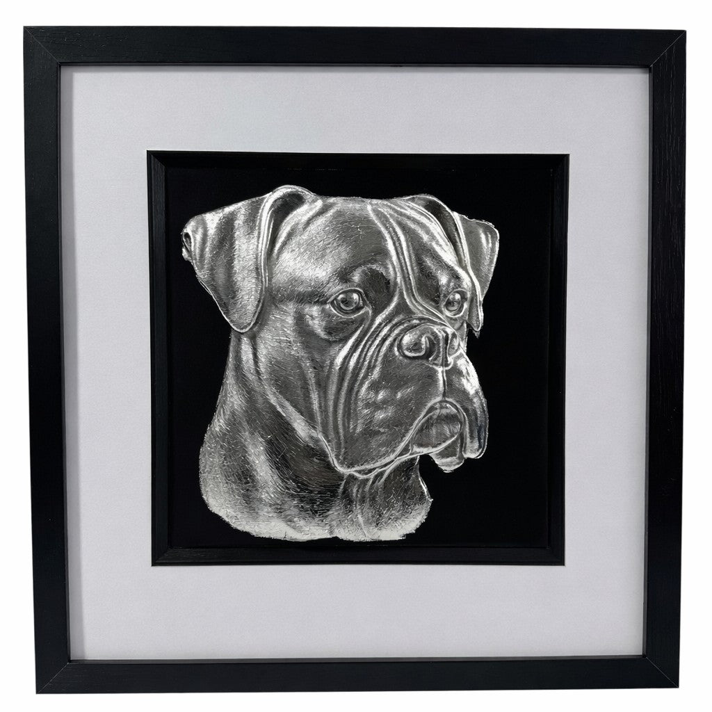 Boxer framed wall art in silver leaf against a black background