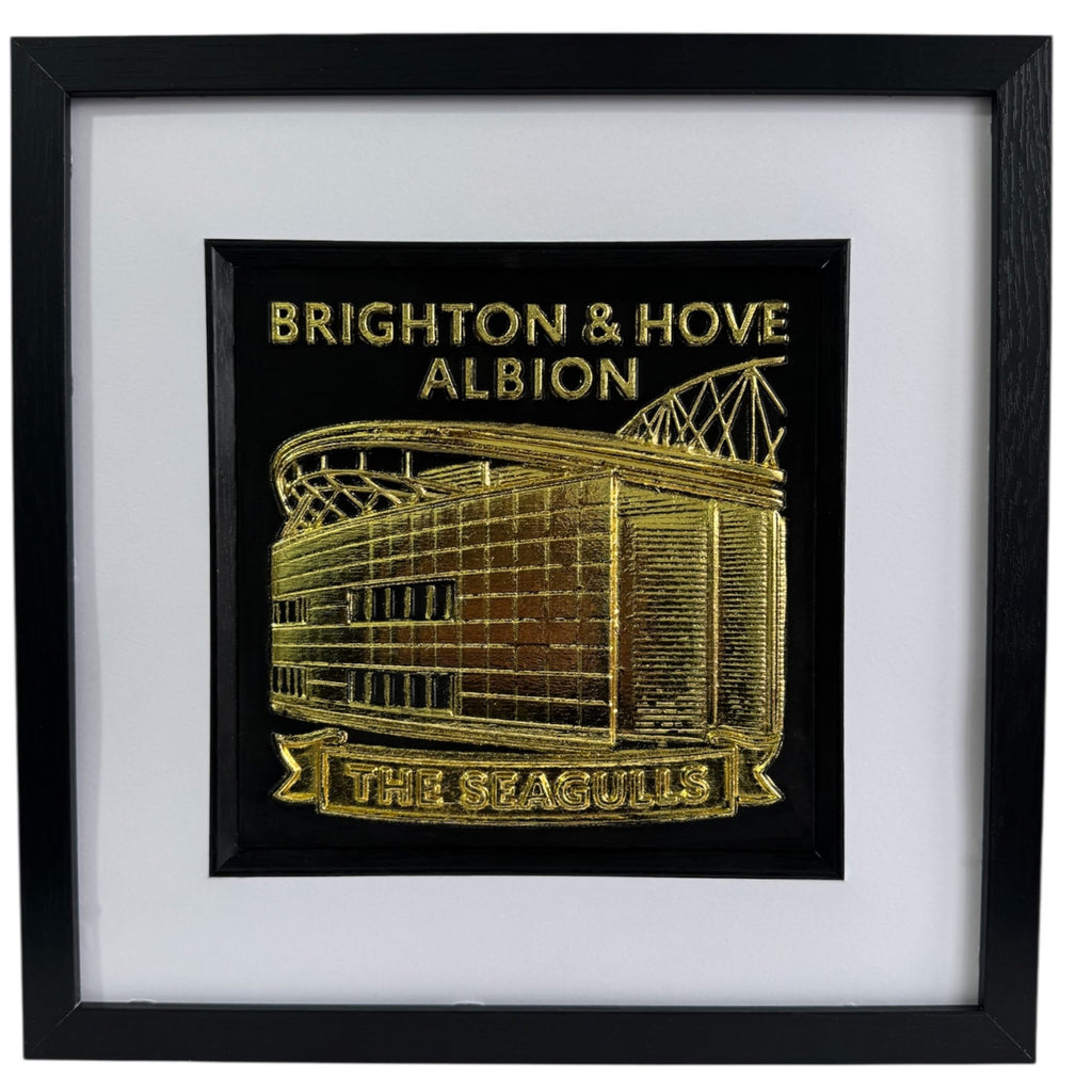 Brighton and Hove Albion Amex Stadium wall art in gold leaf with black frame and white mount