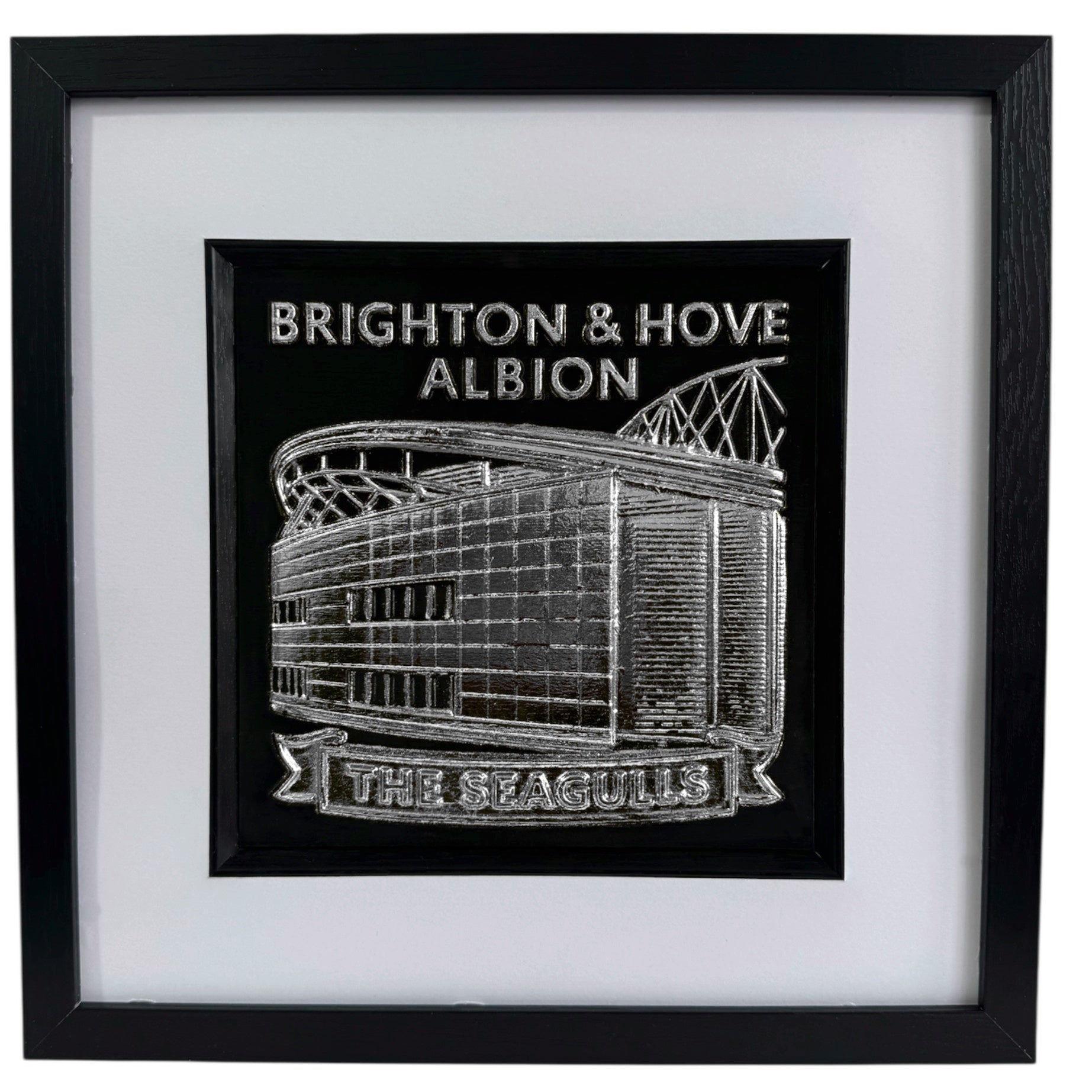 Framed Brighton and Hove Albion Amex Stadium wall art in silver leaf with black frame and white mount