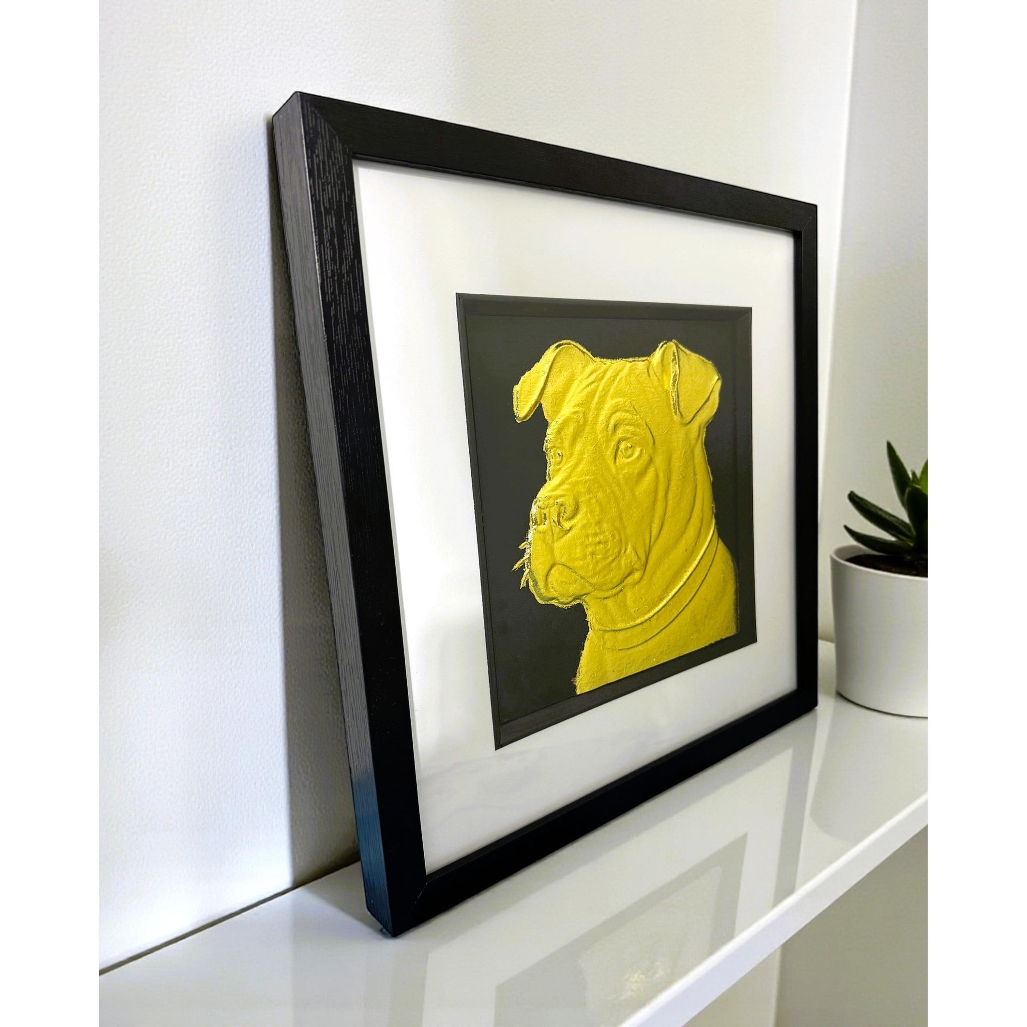 Bullpei gold leaf framed wall art displayed on a modern white desk