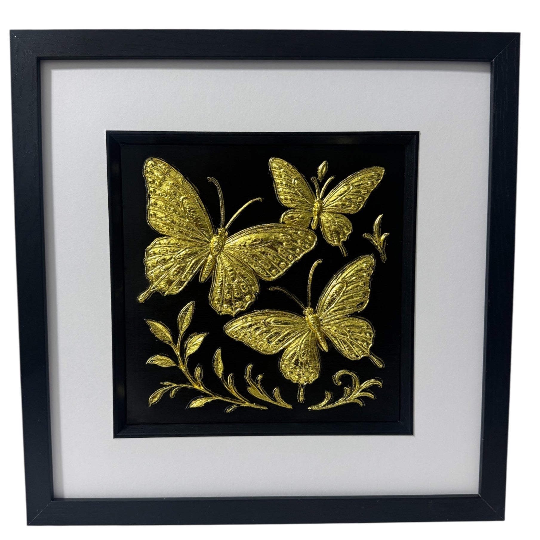 Butterfly trio framed wall art in gold leaf with black background and white mount