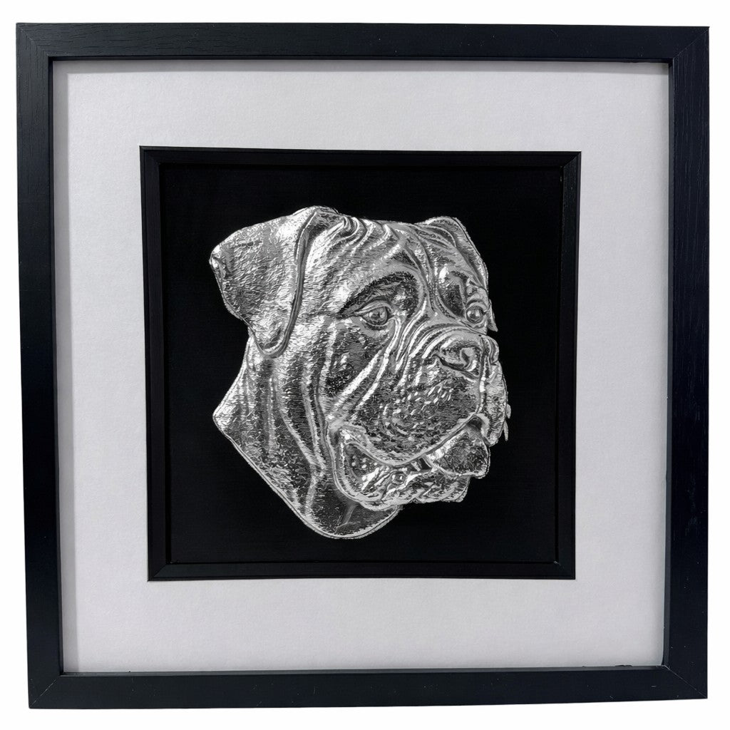 Cane Corso framed wall art in silver leaf against a black background