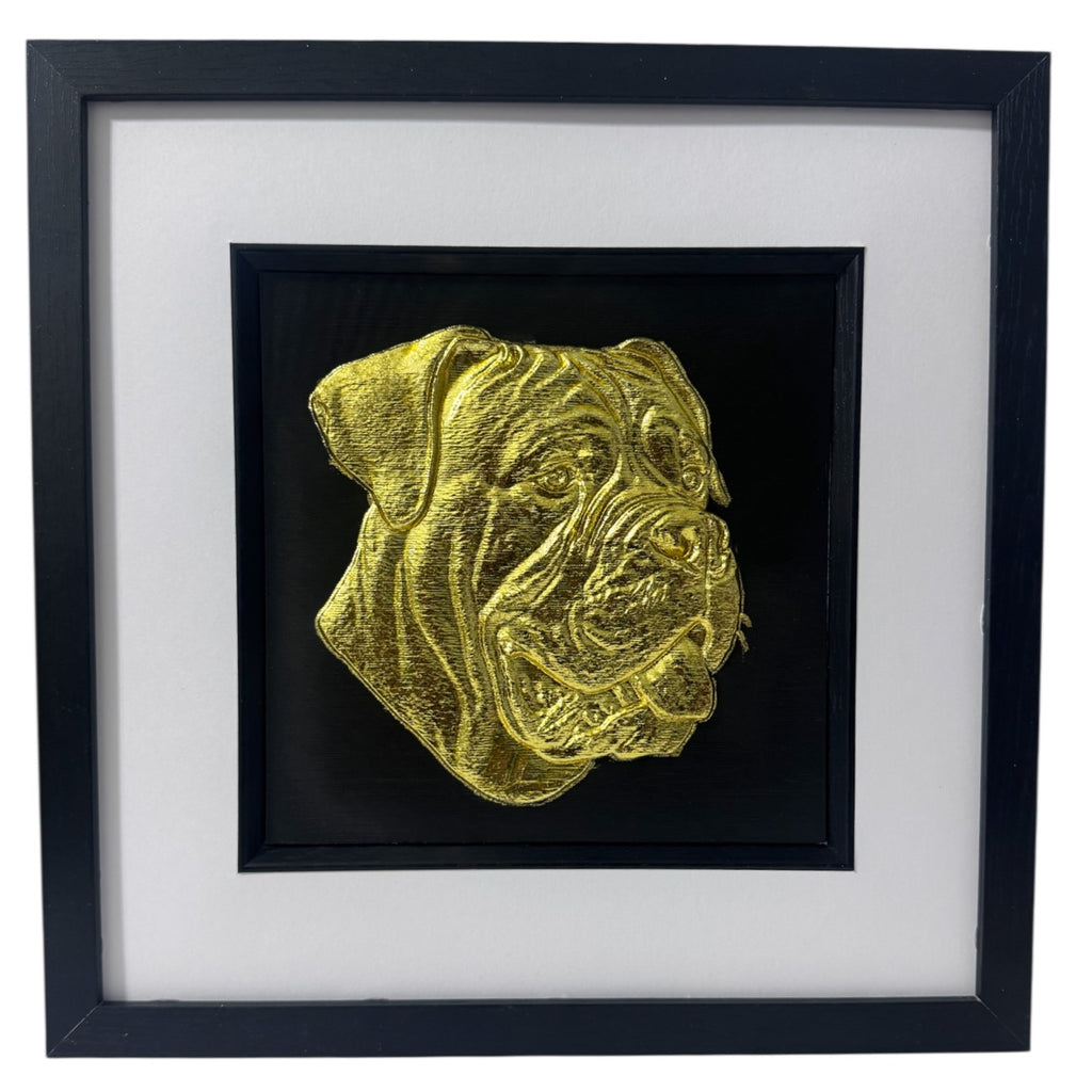 Cane Corso framed wall art in gold leaf with black frame and white mount