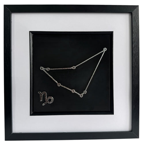 Silver Capricorn constellation 3d wall art on black background with white mount