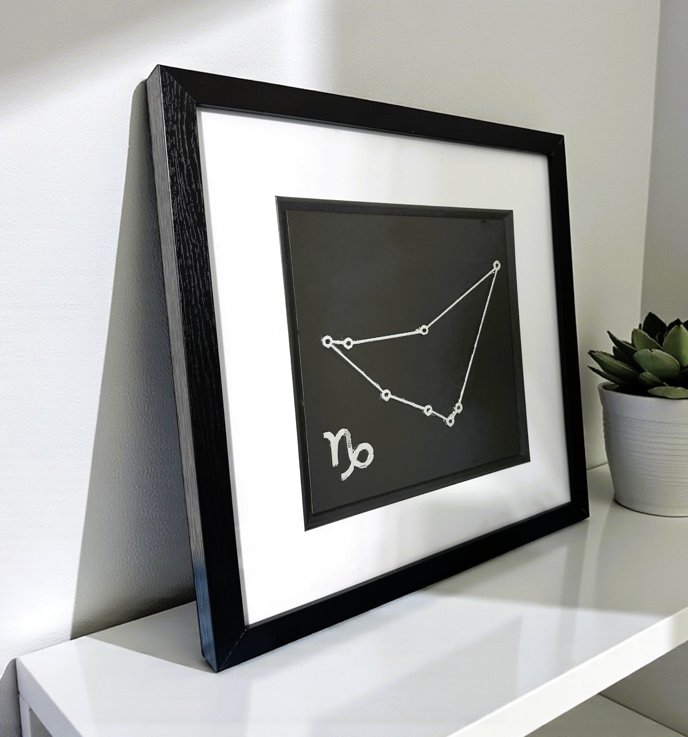 Side view of framed Capricorn constellation wall art showing depth