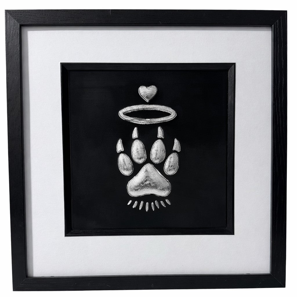 Cat Paw Halo silver leaf framed wall art front facing with black frame and white mount