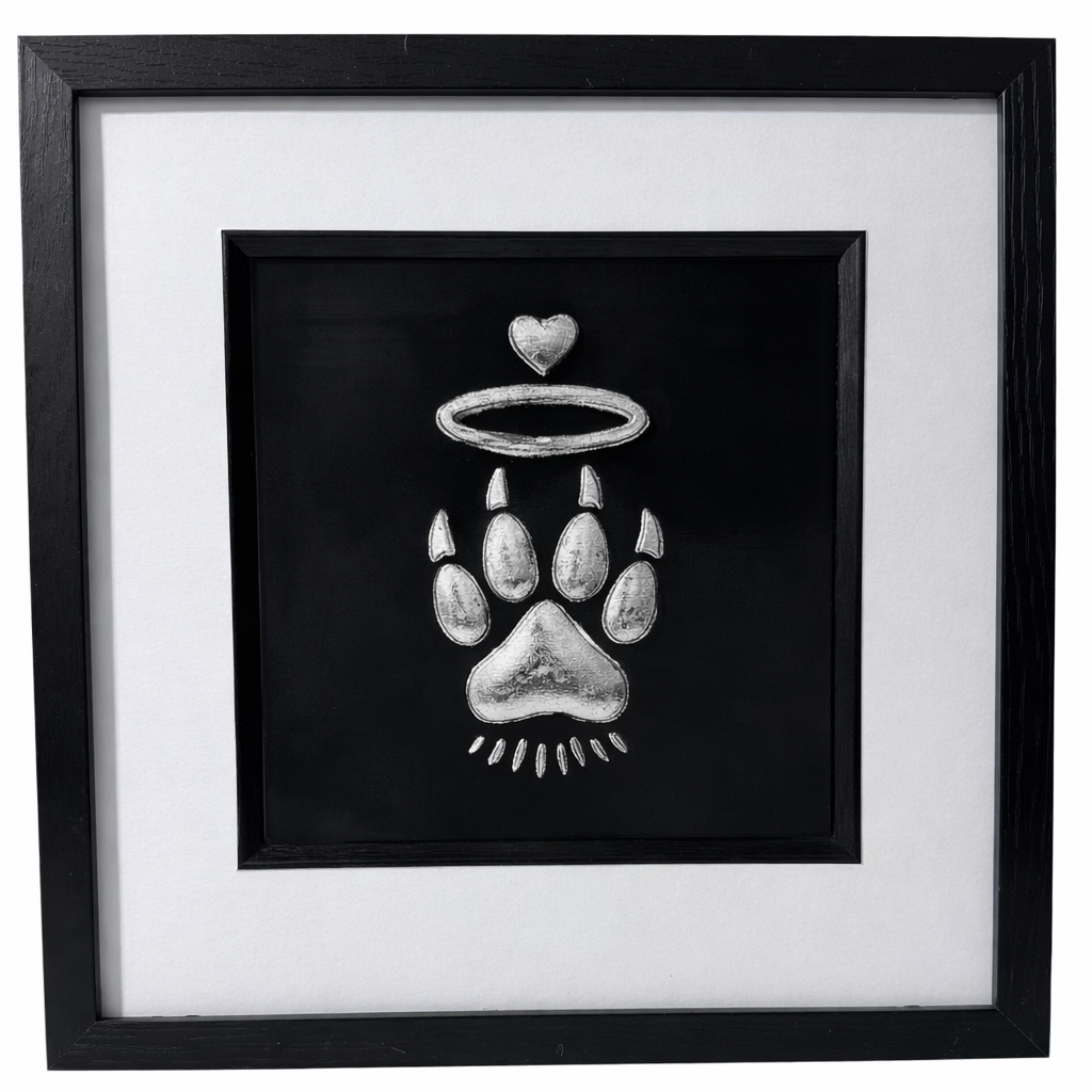 Cat Paw Halo silver leaf framed wall art front facing with black frame and white mount