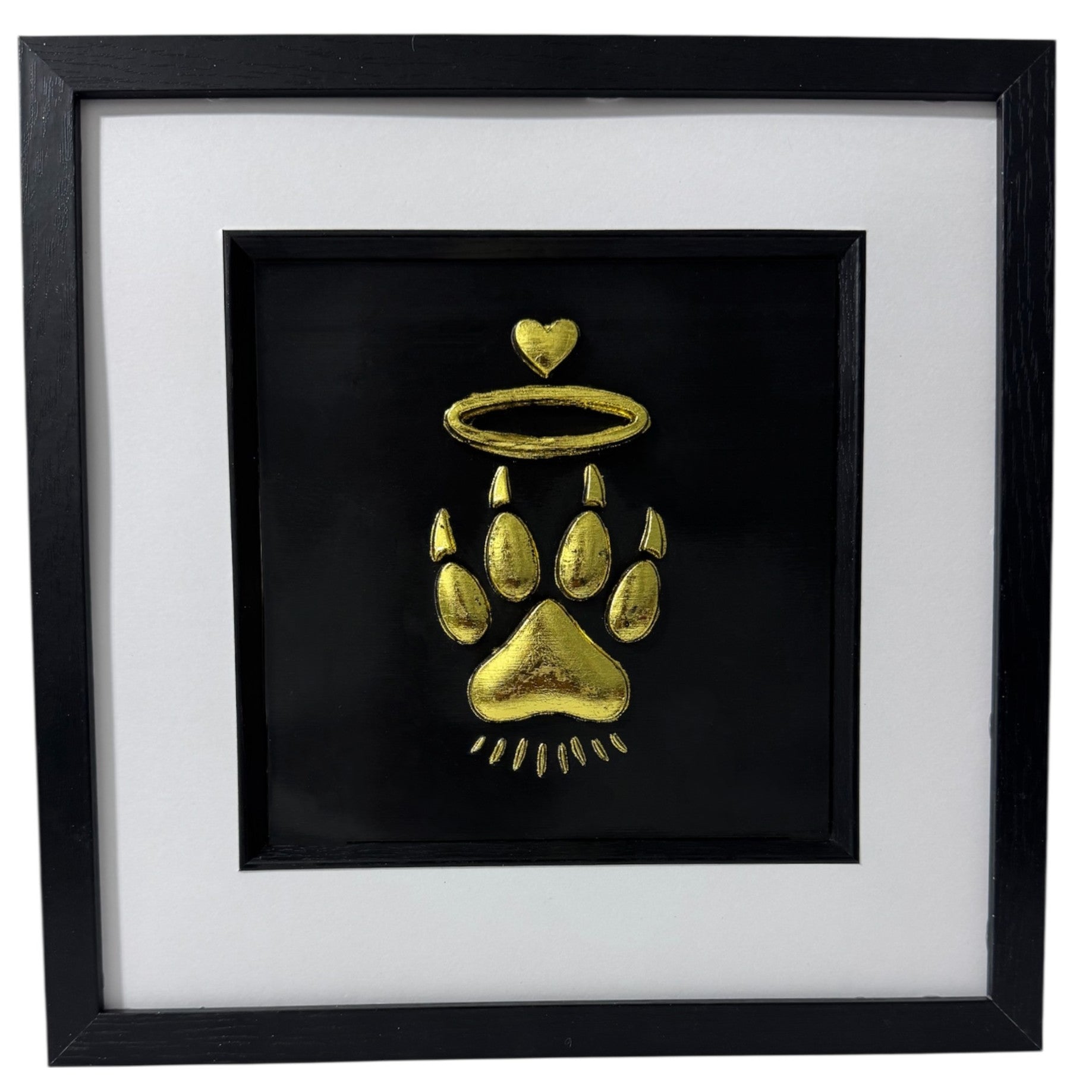 Front view of Cat Paw Halo gold leaf framed wall art in black frame white mount