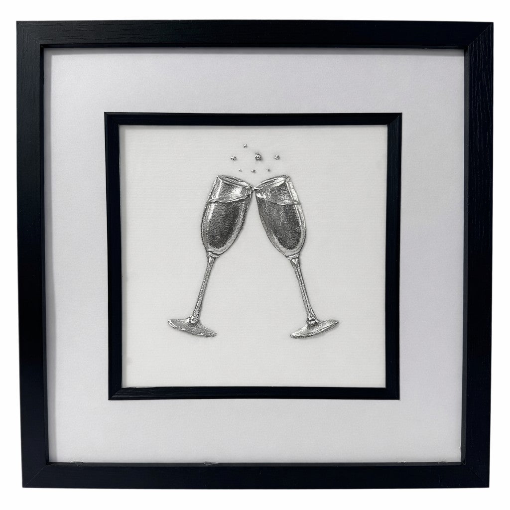 Front-facing silver leaf champagne glasses wall art on a ivory background