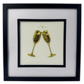 Front-facing gold leaf champagne glasses framed wall art with white mount