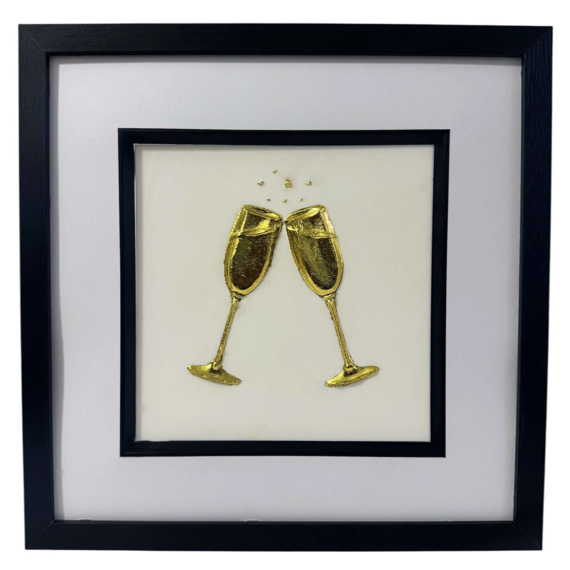 Front-facing gold leaf champagne glasses framed wall art with white mount