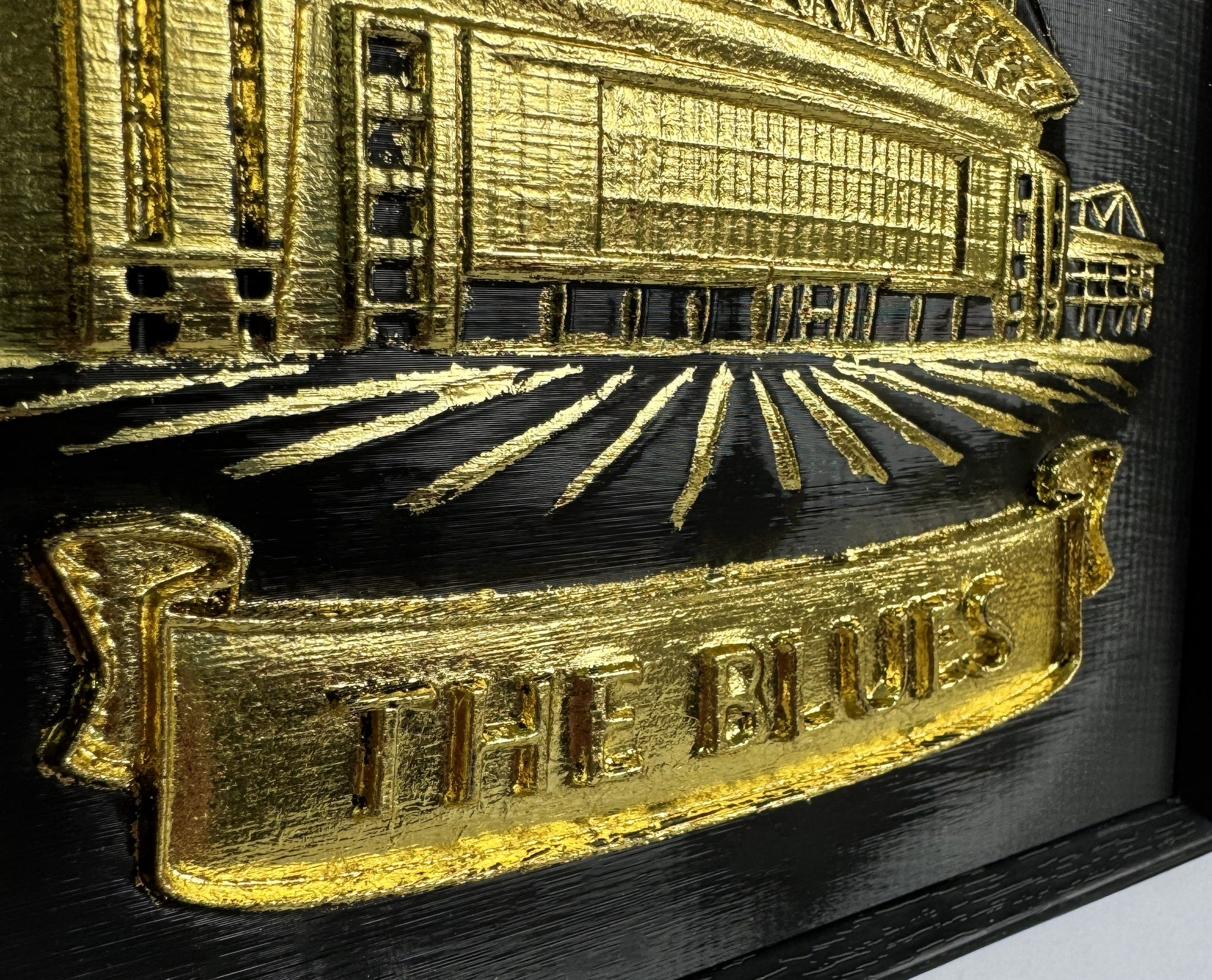 chelsea football club 3d wall art gold leaf in frame close up of stamford bridge "The Blues"