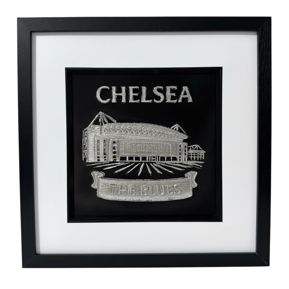 Personalised Chelsea stadium wall art in silver leaf with black frame and white mount, Chelsea and The Blues text