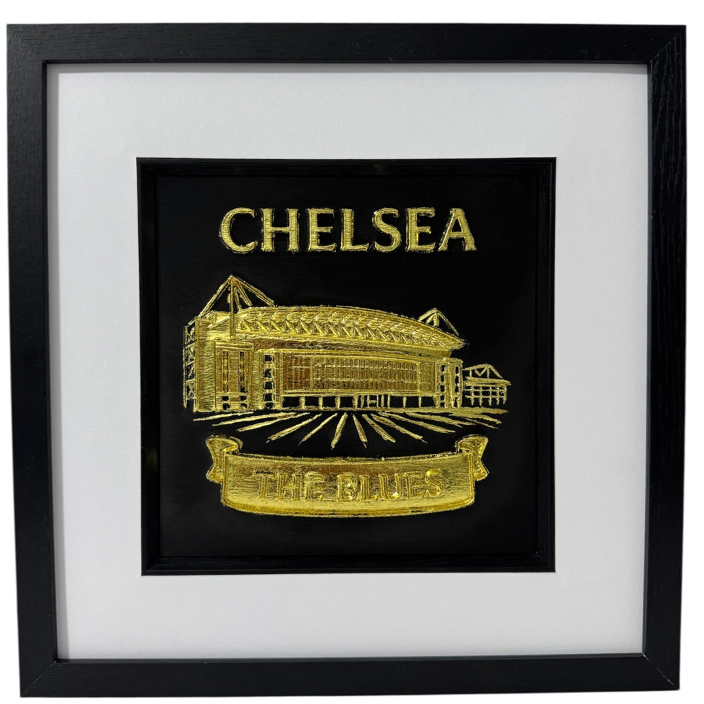 Personalised Chelsea stadium wall art in gold leaf with black frame and white mount, Chelsea and The Blues text