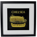 Personalised Chelsea stadium wall art in gold leaf with black frame and white mount, Chelsea and The Blues text