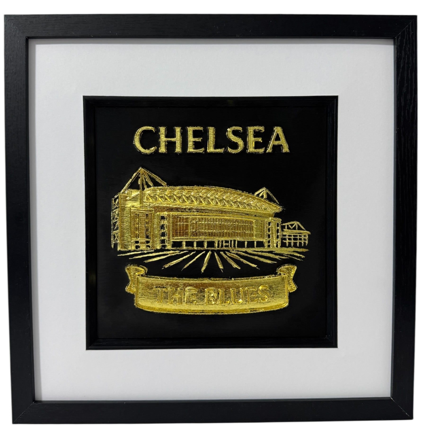 Personalised Chelsea stadium wall art in gold leaf with black frame and white mount, Chelsea and The Blues text