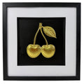 Gold cherry framed relief artwork with leaf detail, black inner surround and wide white mount.