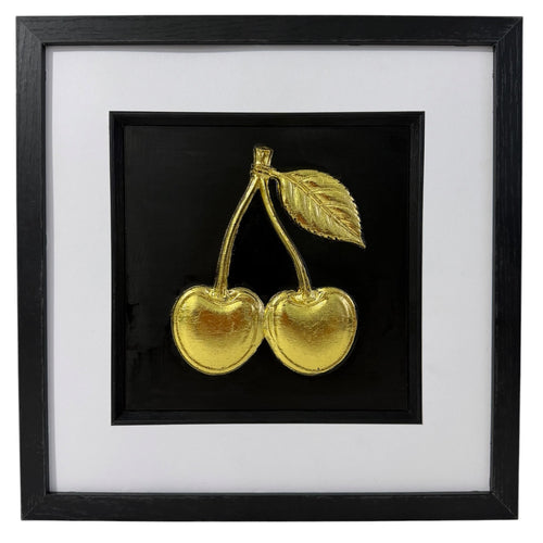 Gold cherry framed relief artwork with leaf detail, black inner surround and wide white mount.