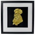 Gold chef rooster wall decor in a black box frame with wide white mount and black inner surround.