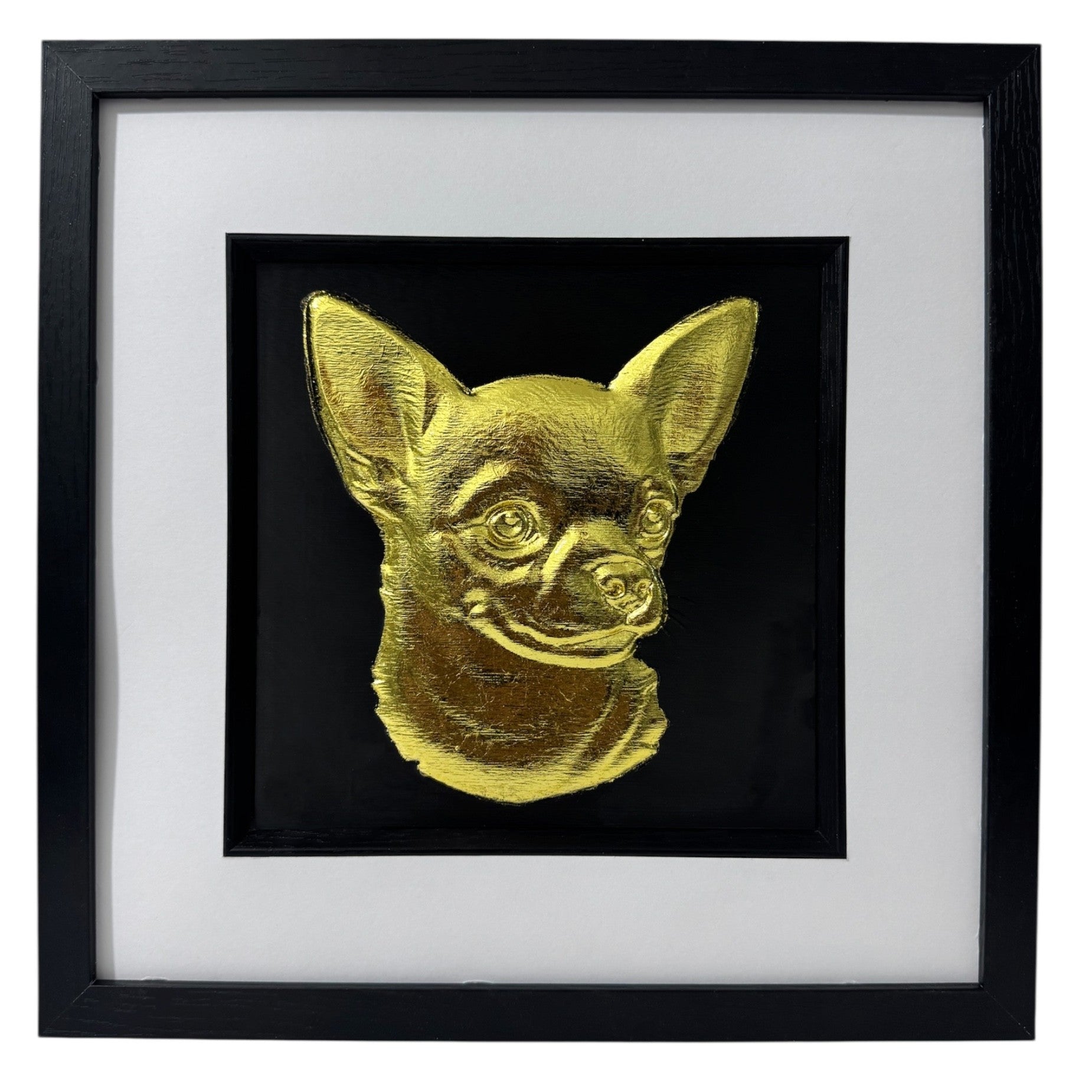 Chihuahua short hair framed 3d wall art in gold leaf with black frame and white mount