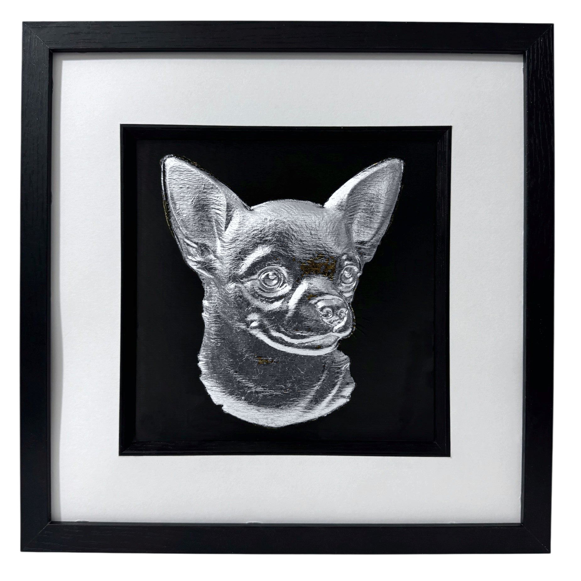 Chihuahua short hair framed 3d wall art in silver leaf against a black background