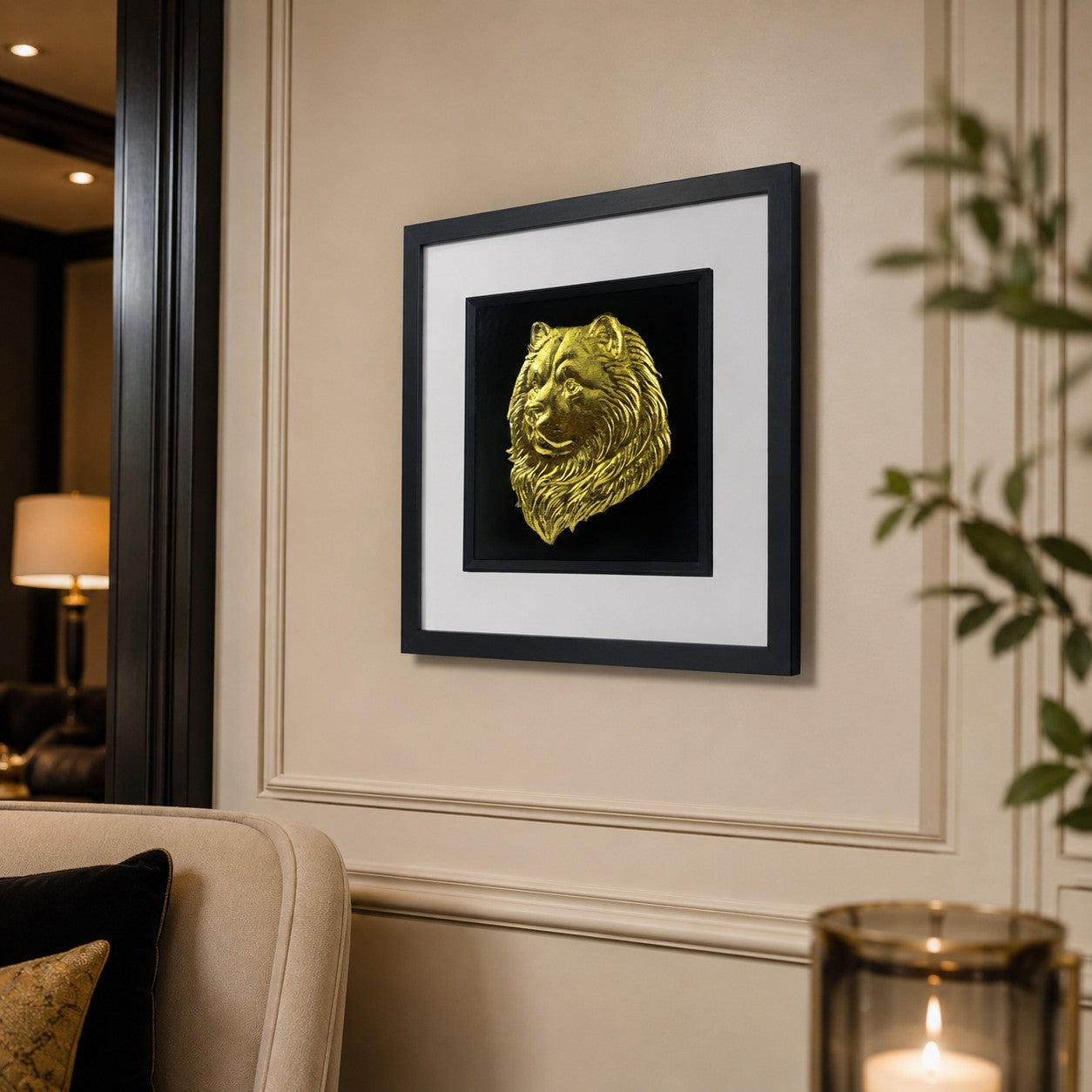 Angled lifestyle view of Chow Chow gold 3D relief dog wall art in a black frame with white mount on a luxury neutral wall.