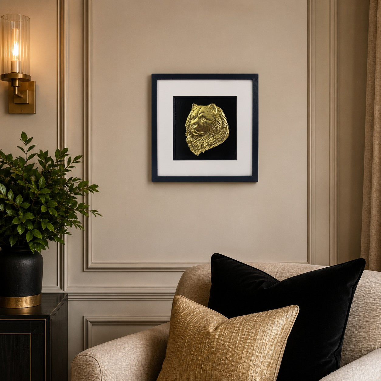 Chow Chow gold leaf framed dog wall art displayed on a warm neutral living room wall with black, gold and cream luxury décor accents.