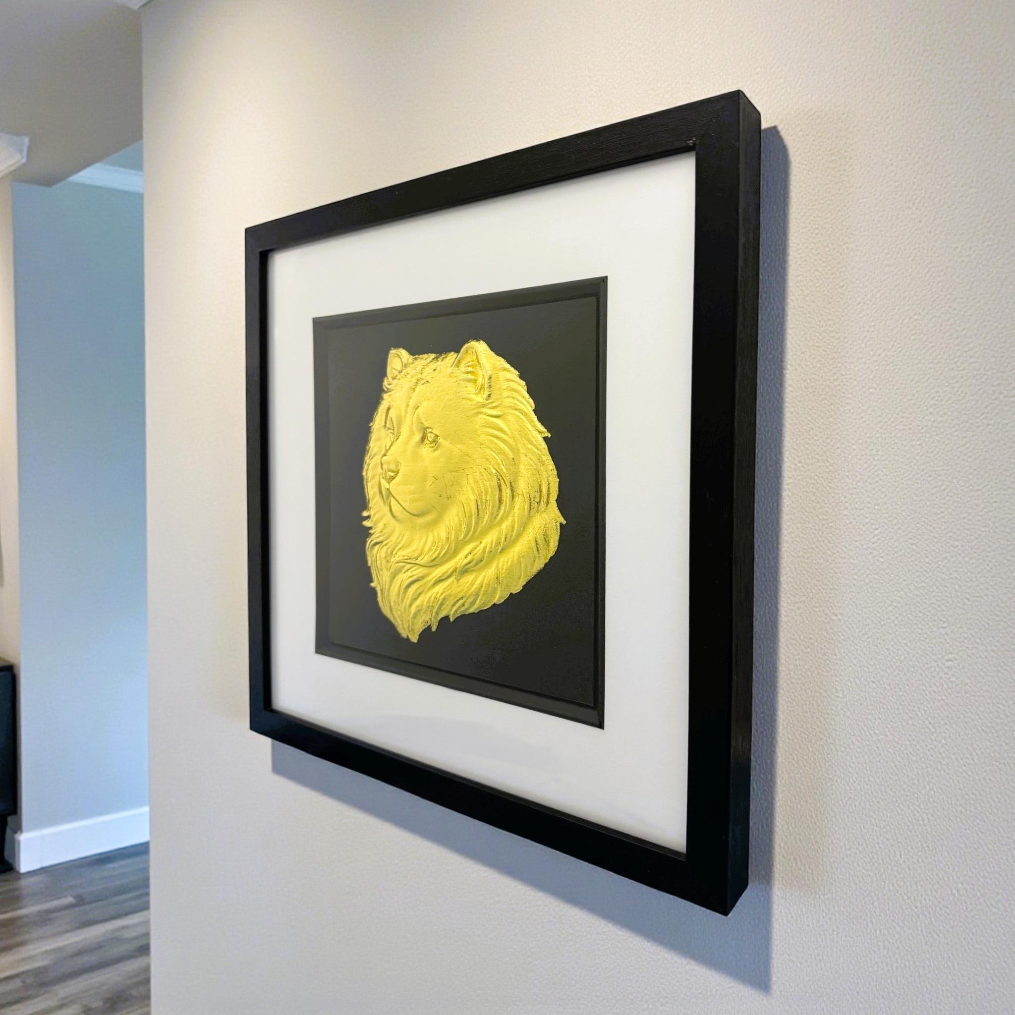 Chow Chow dog wall art in black wooden frame with gold leaf finish mounted to a wall