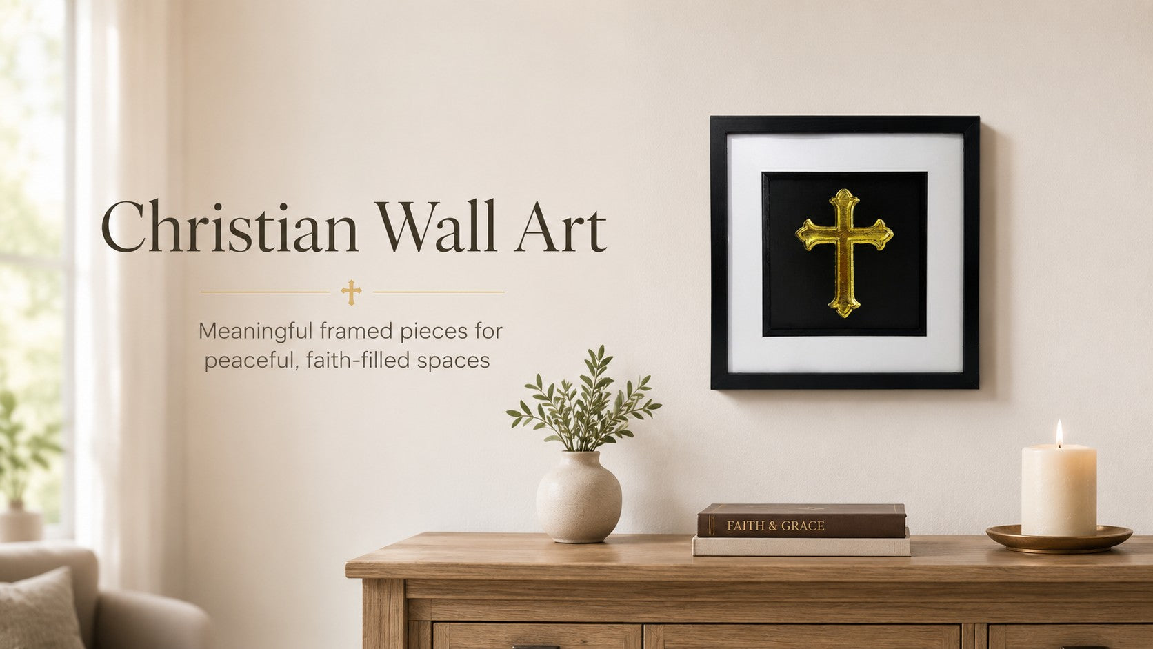 JP Designs Christian Wall Art collection hero image showing framed gold leaf cross 3D relief artwork in a peaceful neutral home interior with faith-inspired styling