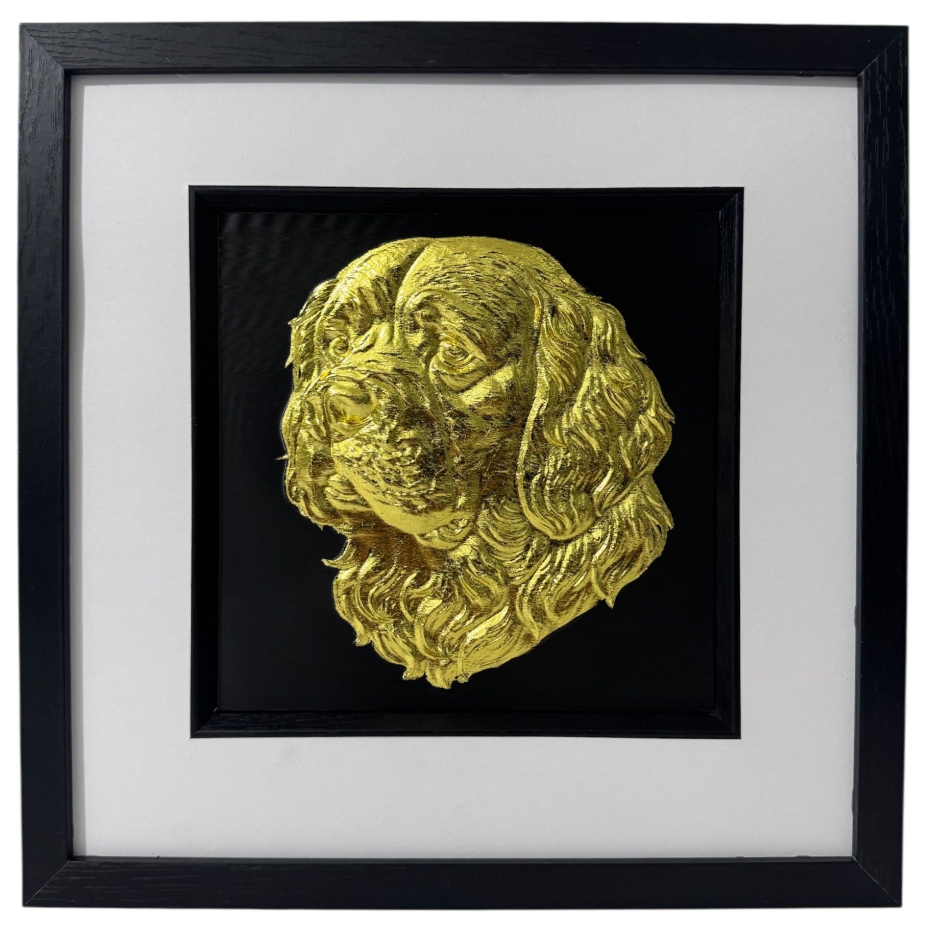 Gold Clumber Spaniel relief portrait in a black box frame with wide white mount and black inner surround.