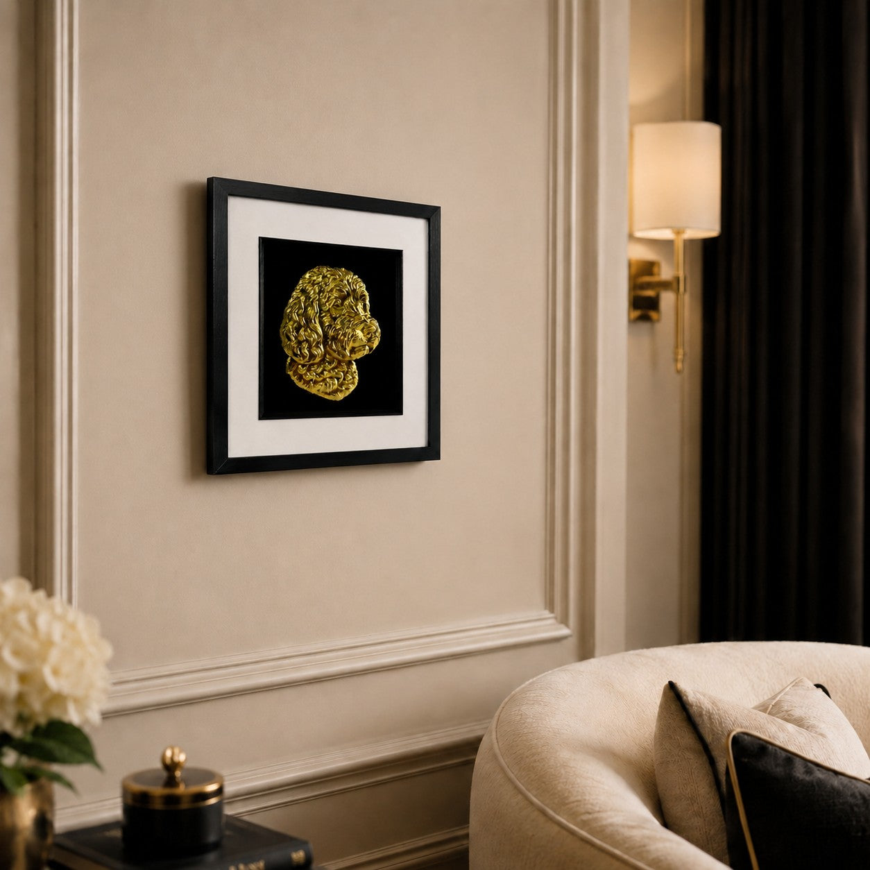 Angled lifestyle view of Cockapoo gold 3D relief dog wall art in a black frame with white mount on a warm neutral wall.