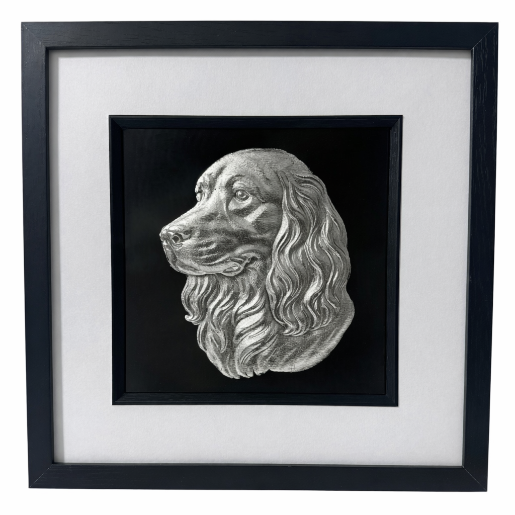 Cocker Spaniel framed wall art with silver leaf relief and white mount
