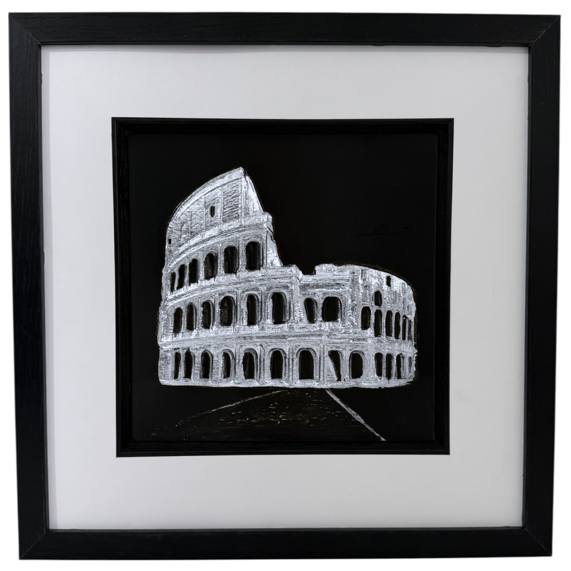 Silver Colosseum raised relief in a black frame with white mount and black inner surround on a white background.