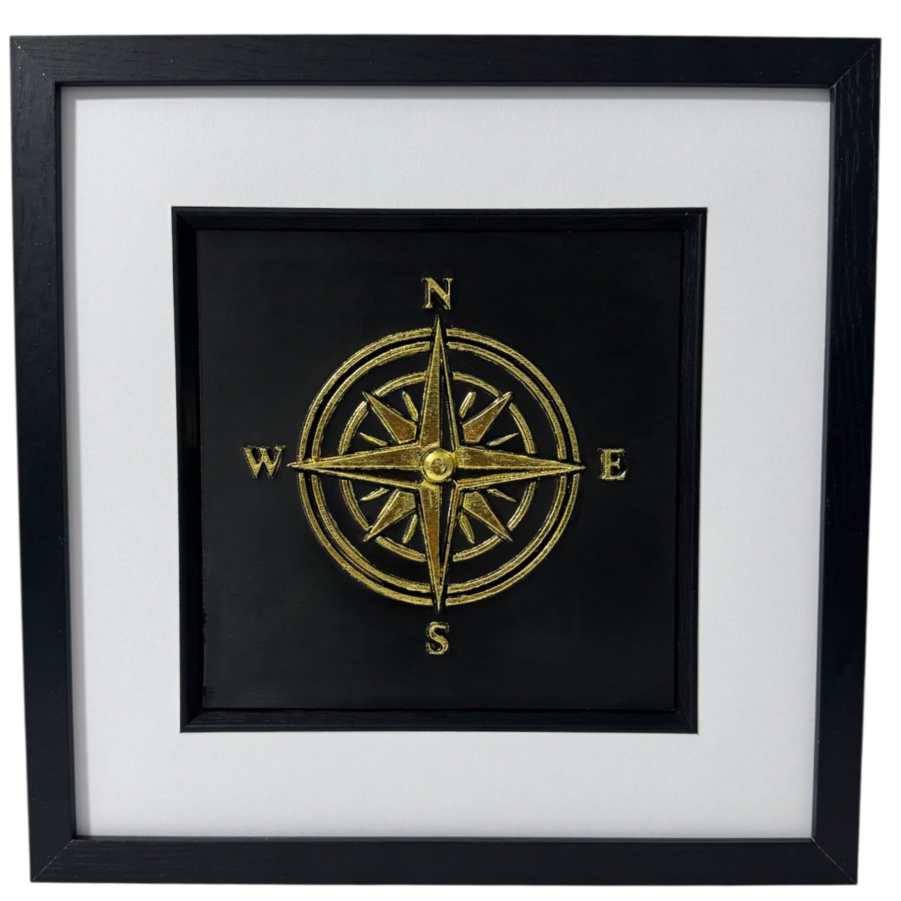 Framed gold compass rose wall art with N E S W letters, meaningful leaving gift and new beginnings decor