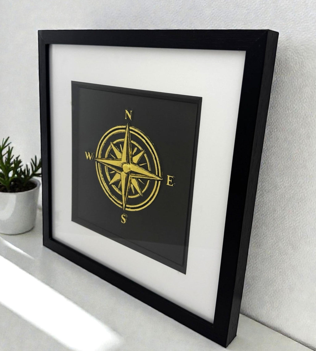 Gold compass wall art styled on a shelf, modern compass rose gift for retirement or bon voyage