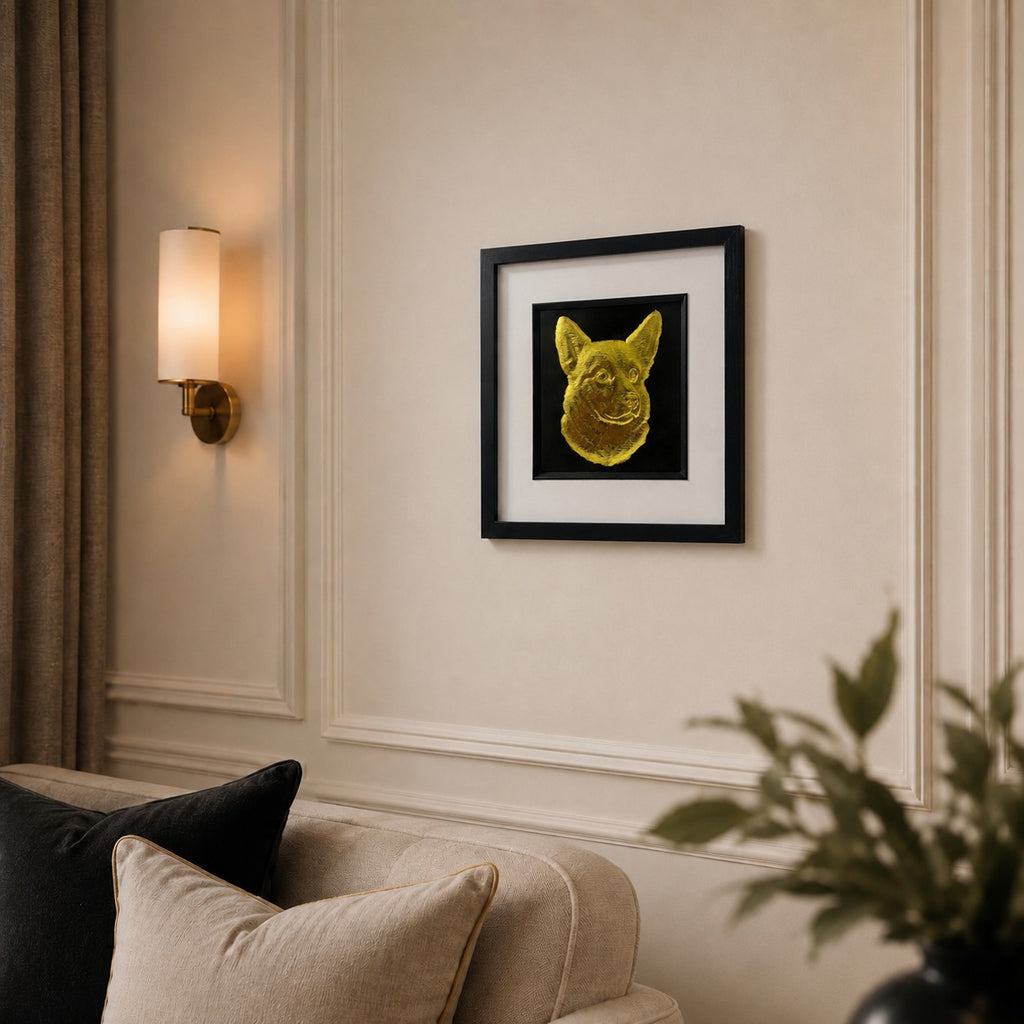 Angled lifestyle view of Corgi gold 3D relief dog wall art in a black frame with white mount on a warm neutral wall.