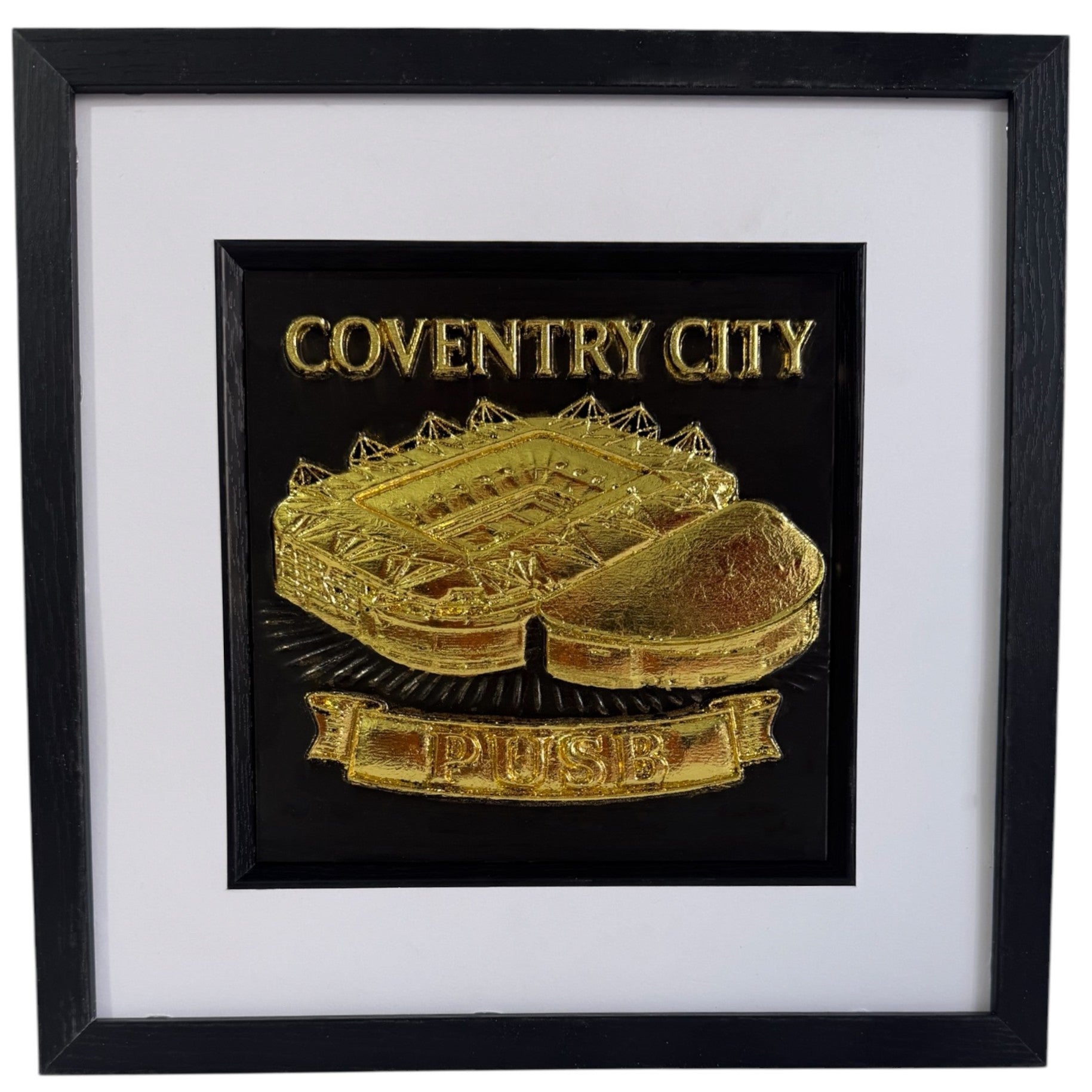 Gold Coventry City PUSB stadium framed 3D relief artwork shown front-on with white mount and black frame