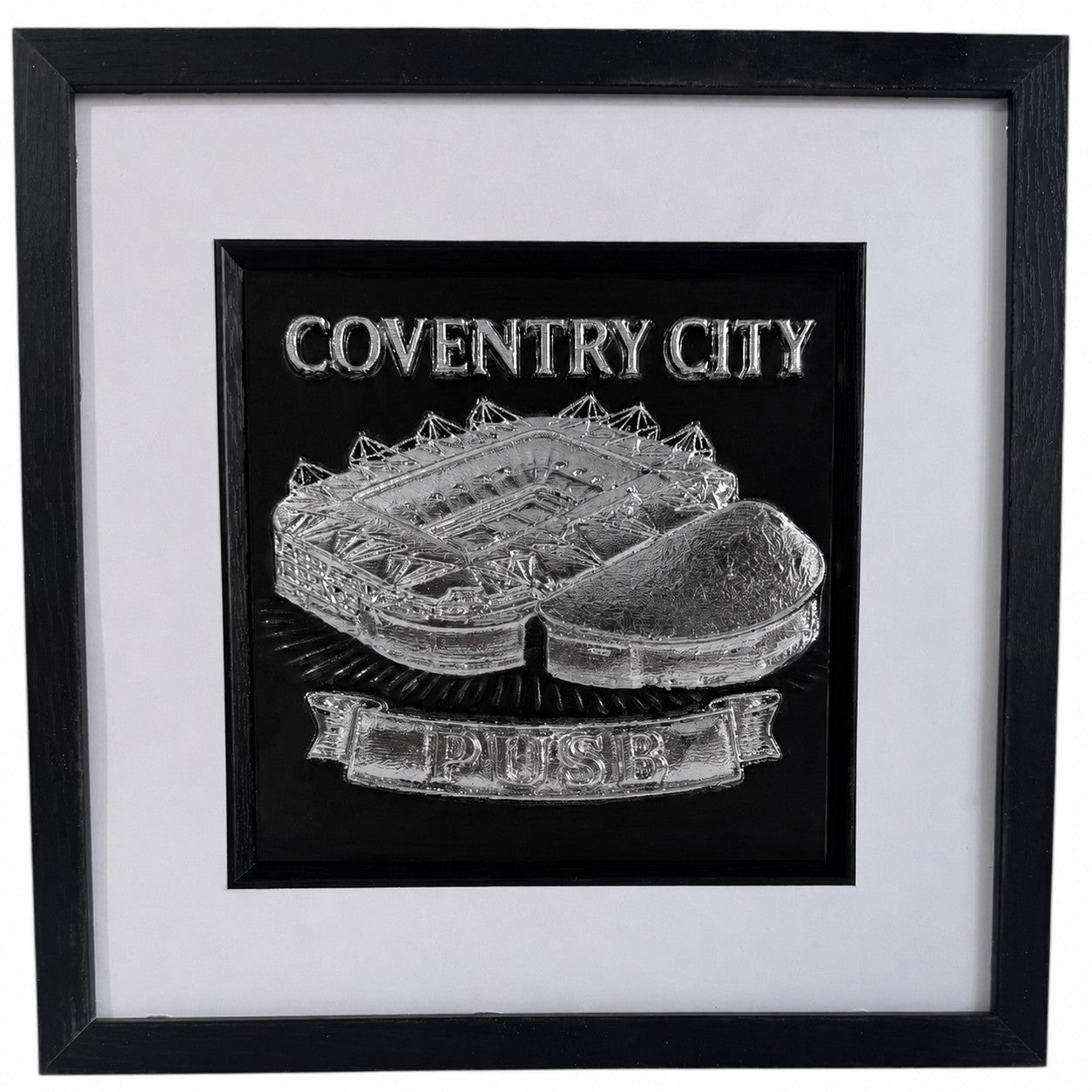 Silver Coventry City stadium framed 3D relief artwork with PUSB ribbon, black inner surround and glass front