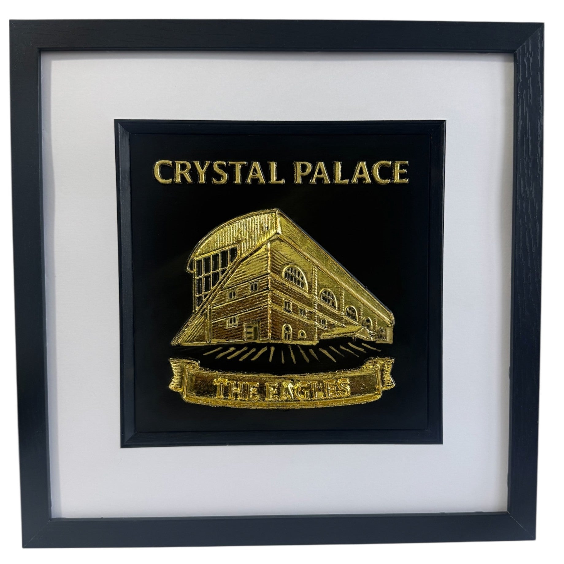 Gold Crystal Palace stadium 3D relief artwork with “CRYSTAL PALACE” text and “THE EAGLES” banner in black square frame with white mount, front view