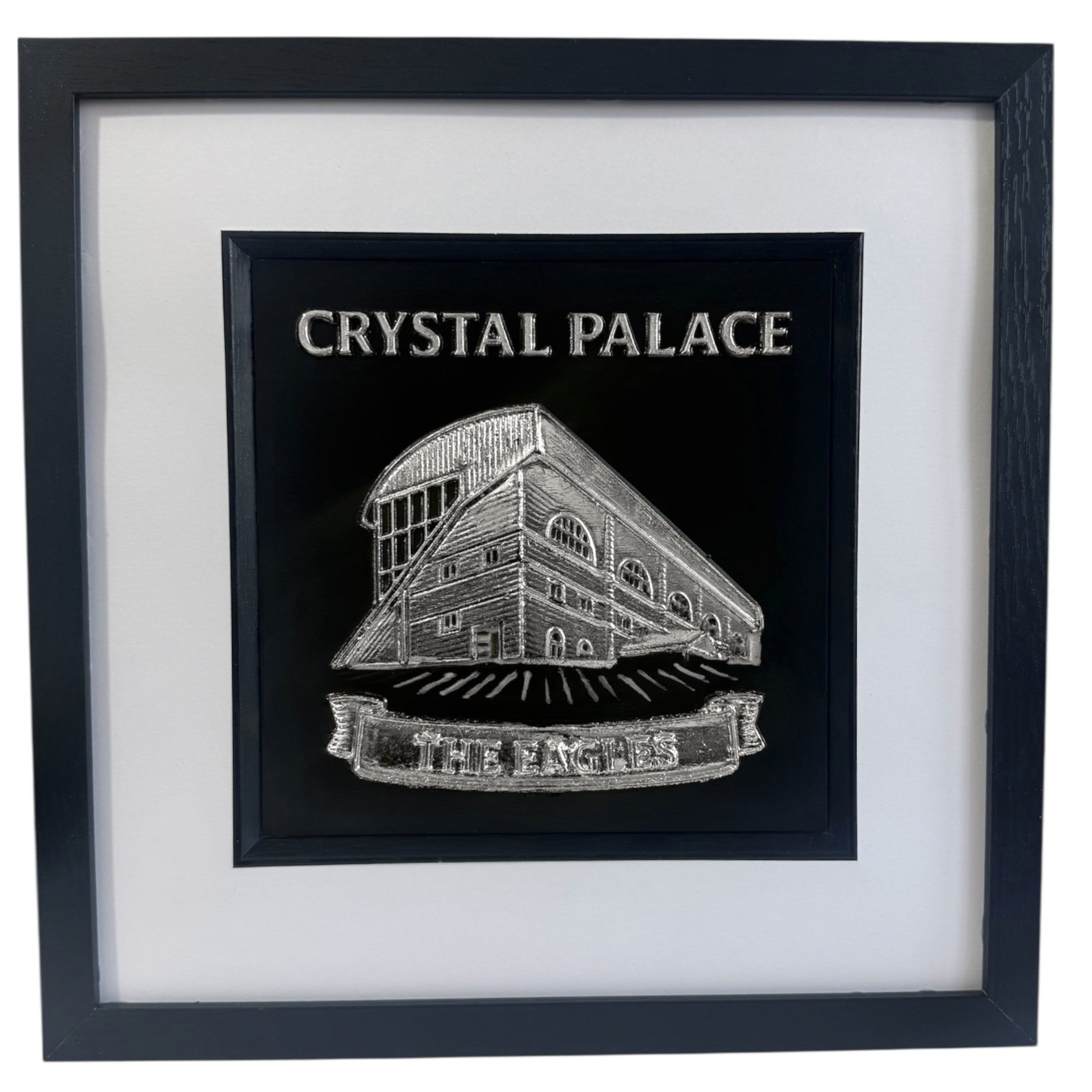 Silver Crystal Palace stadium 3D relief artwork with “CRYSTAL PALACE” text and “THE EAGLES” banner in black square frame with white mount, front view