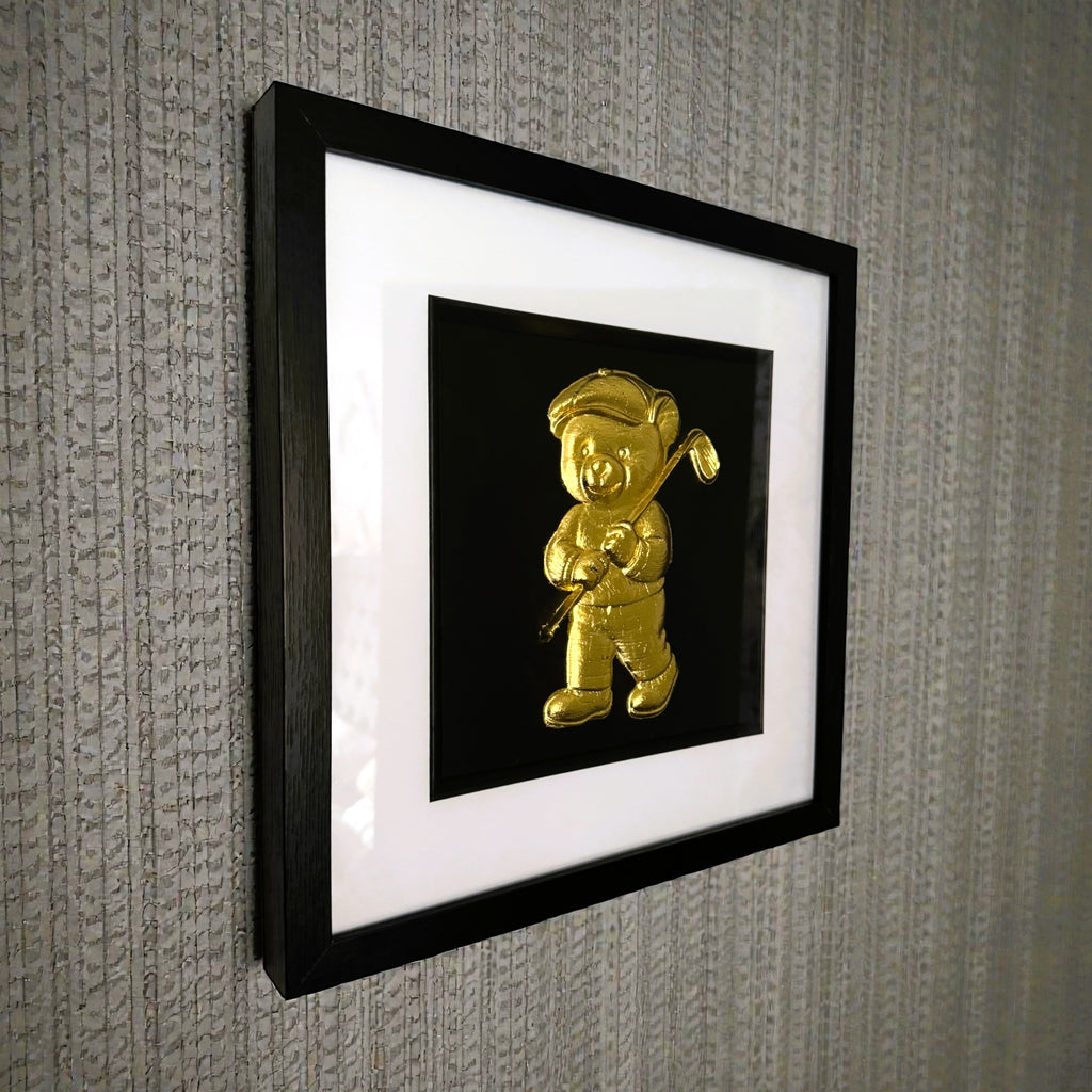 Side view showing 3D relief texture of teddy bear fur and golf clothing.